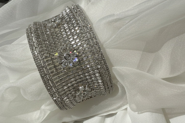 Silver Crystal Floral Baguette Bangle
