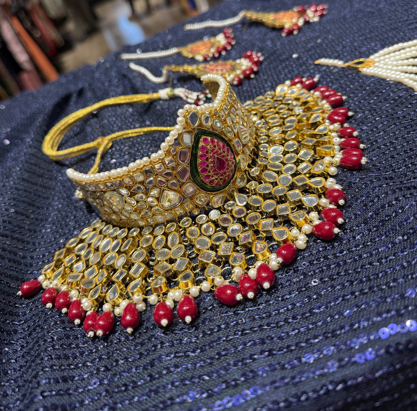 Royal Red Kundan Pearl Bridal Jewelry Set