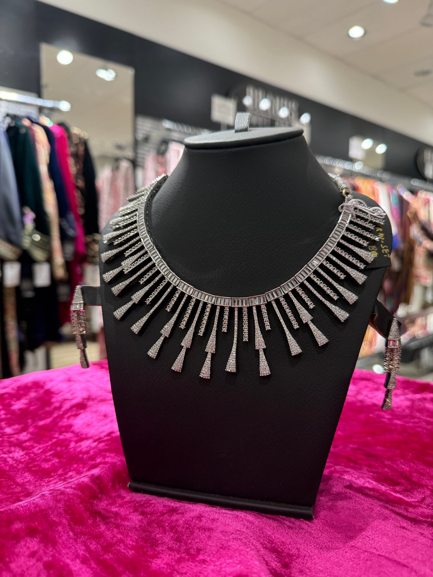 Silver Crystal Fringe Statement Necklace Set