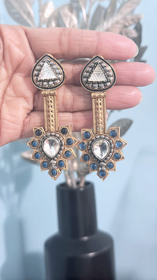 Gold Plated Silver Stone Allured with Silver Craft, and Ink Blue Beaded Earrings