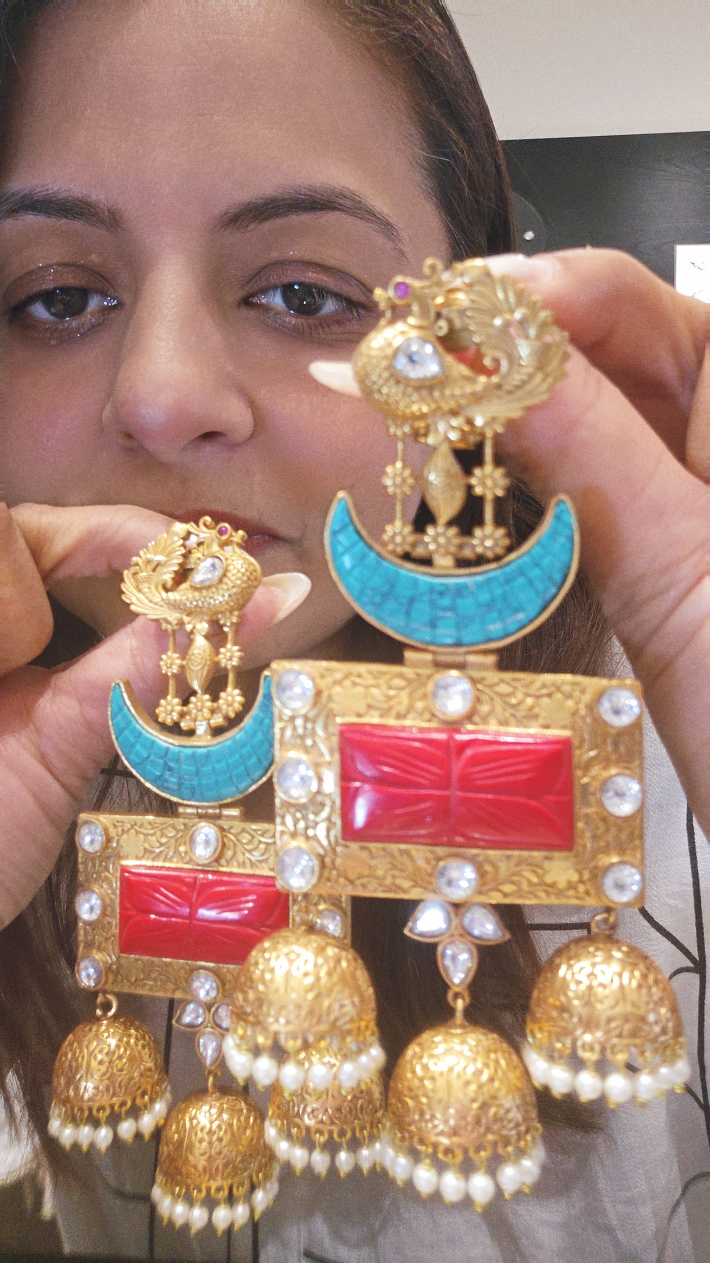 Gold Moon Red Jhumka Earrings