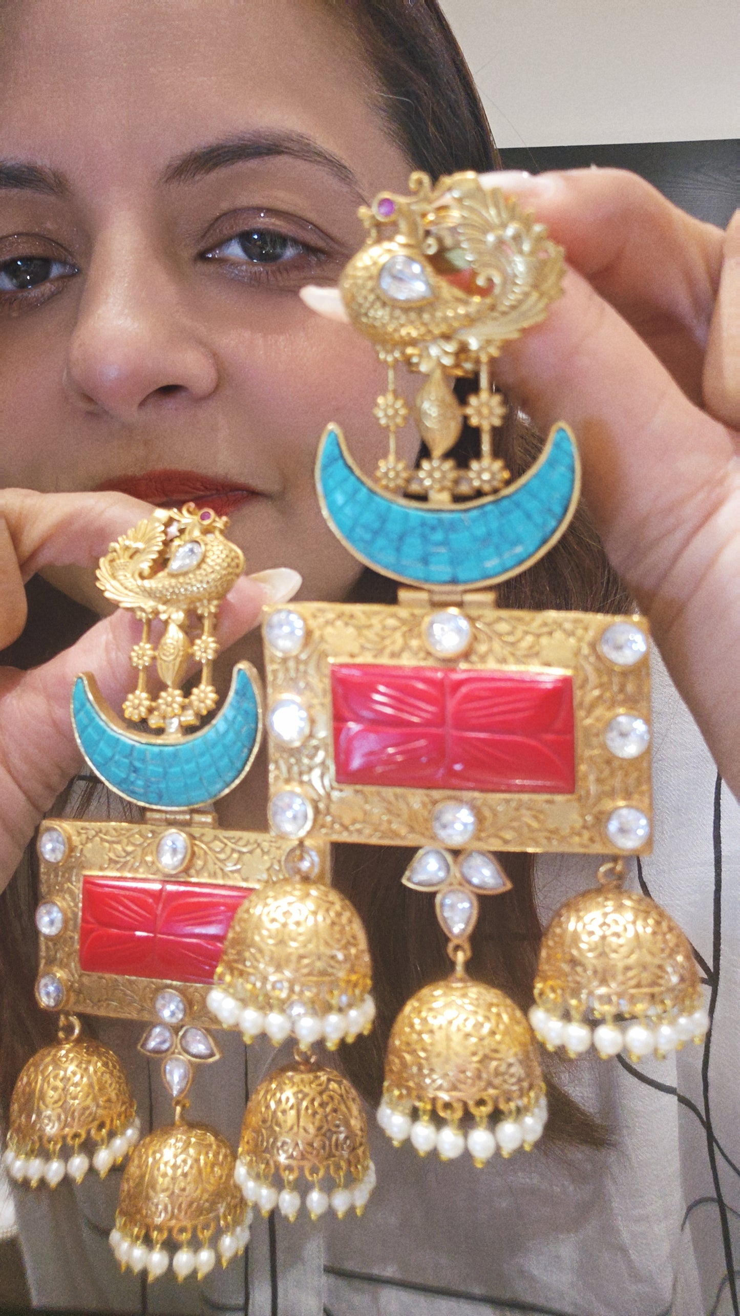 Gold Moon Red Jhumka Earrings