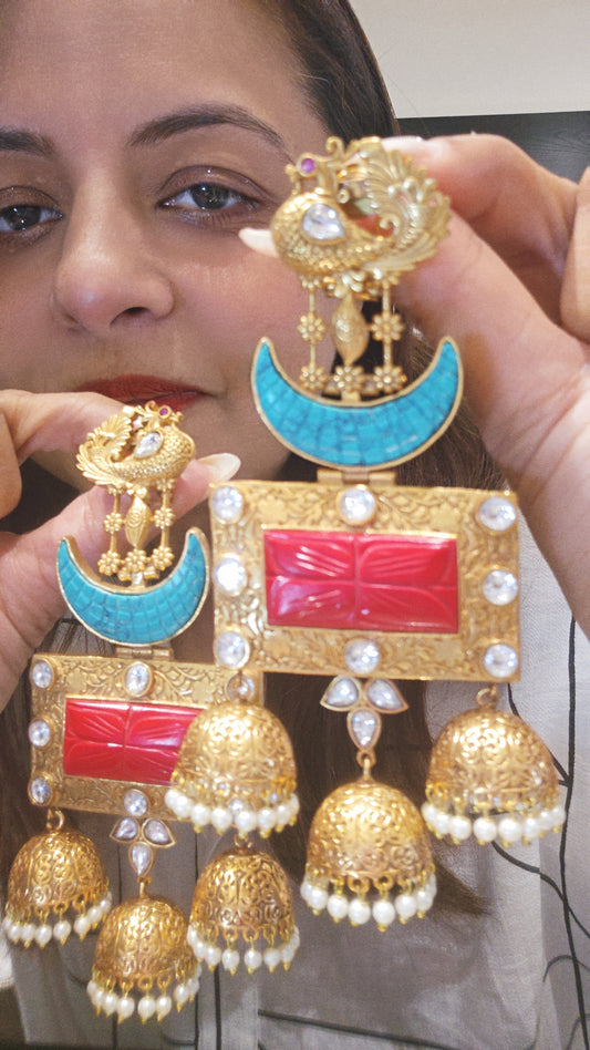 Gold Moon Red Jhumka Earrings
