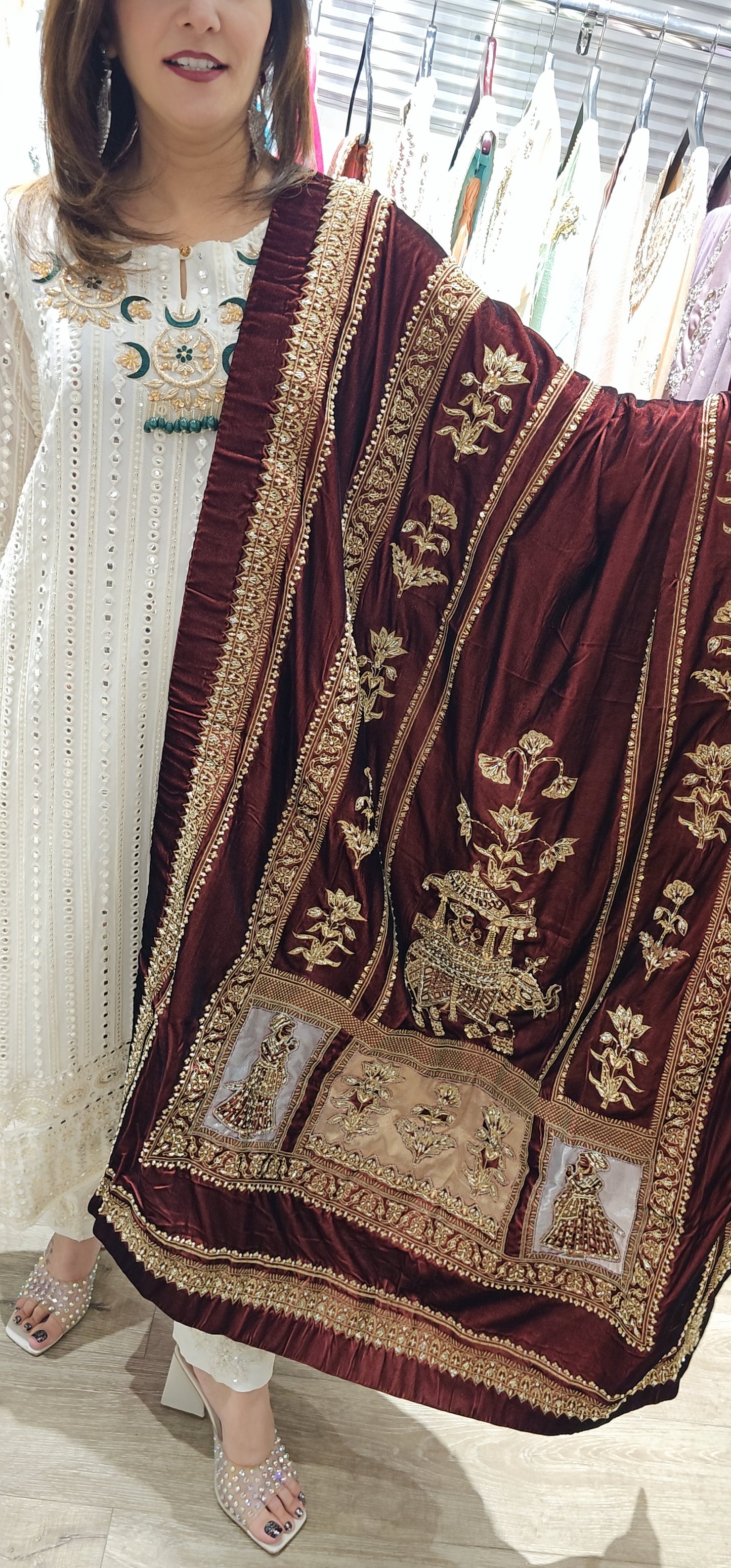 Burgundy Brown Velvet Rajasthani Shawl