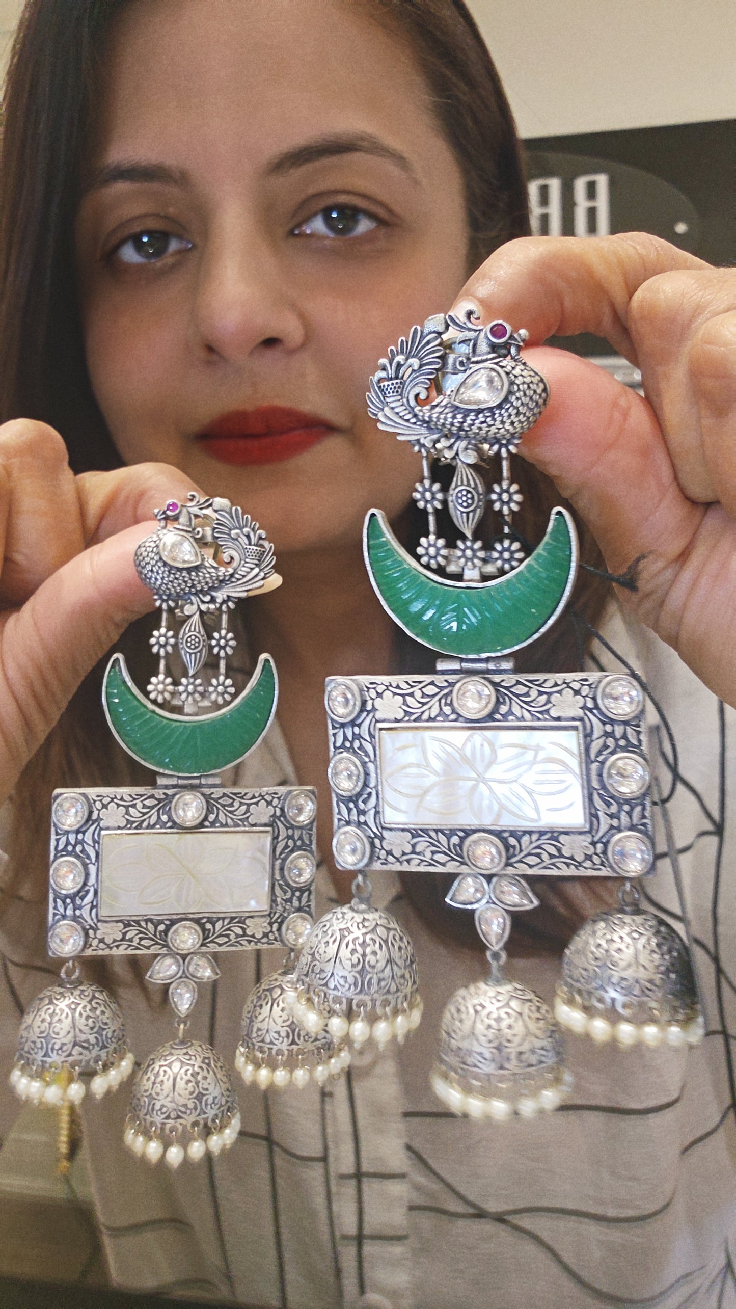Silver Moon Green Jhumka Earrings
