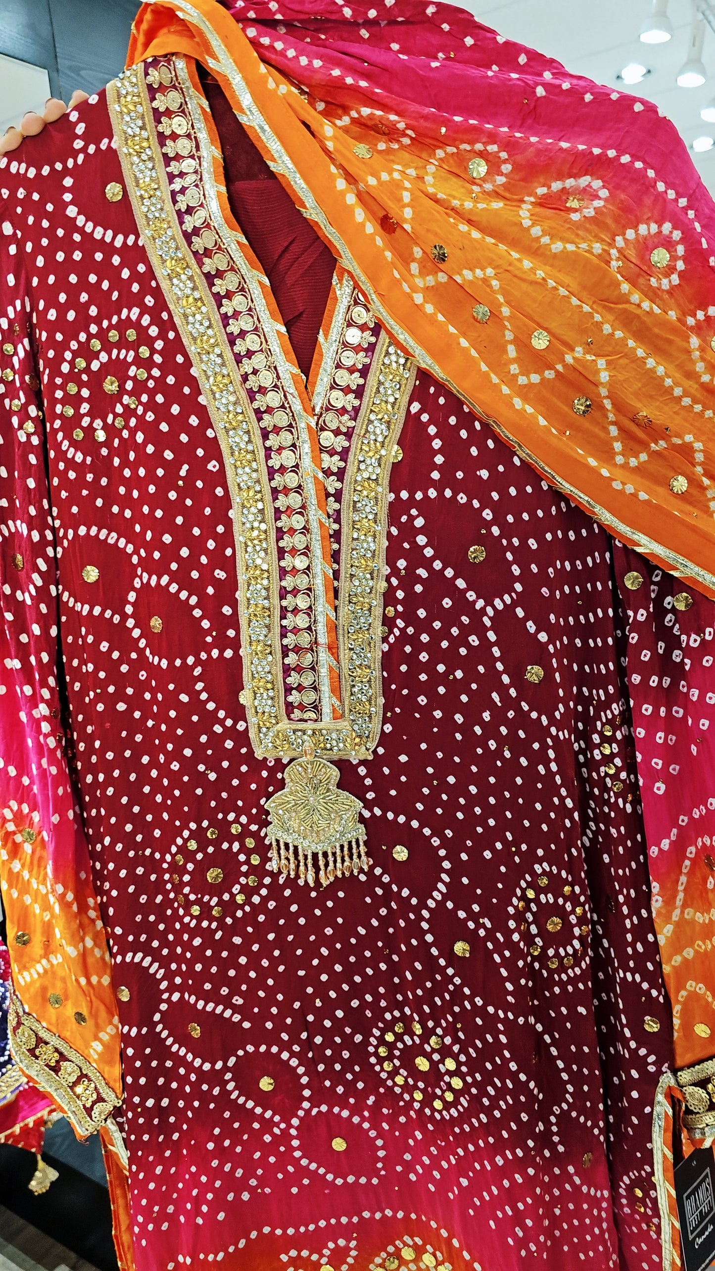 Maroon Orange Pink Bandhani Three-Piece Suit