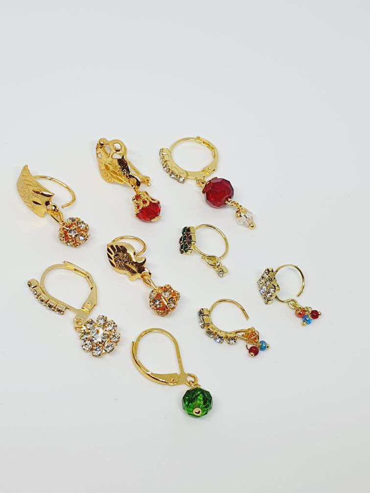 9 pieces Gold Plated Nose Rings Nath Jewelry Pakistani Bridal Piercing Indian Bride Wedding