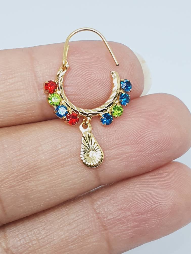 Multi Color Nose Ring Hoops Earrings Dangle Nose Piercing Cubic Zirconia Stone Gold Plated Indian Jewelry dangling