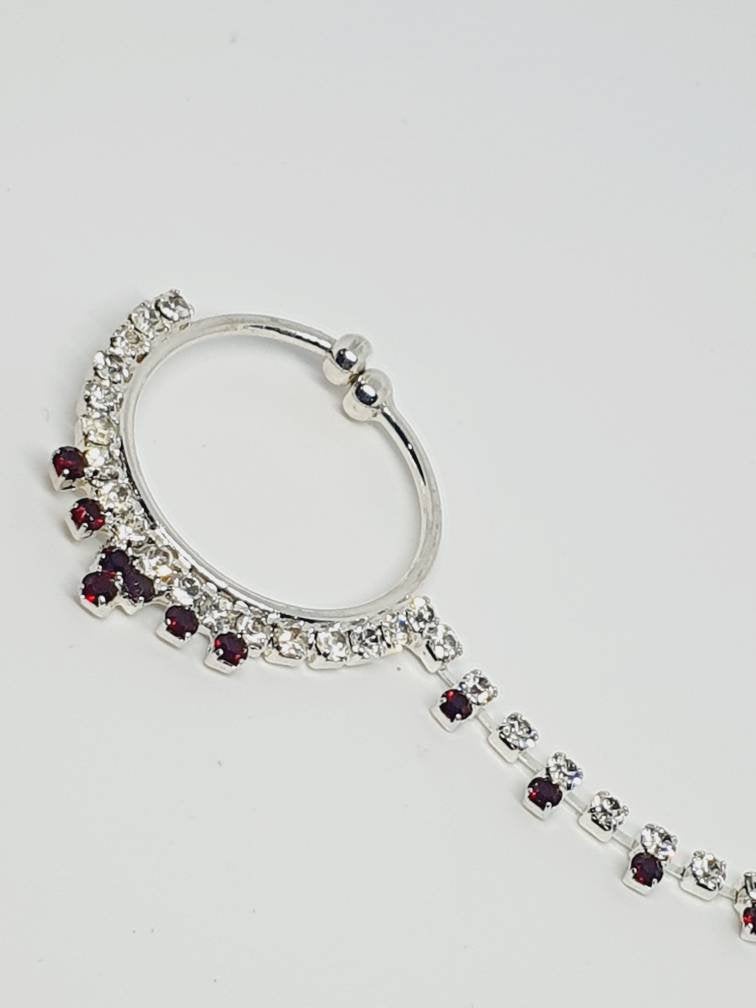 Silver with Red Stone Non Pierced Nose Hoop Bell Nose Ring Indian Bridal Nose Ring