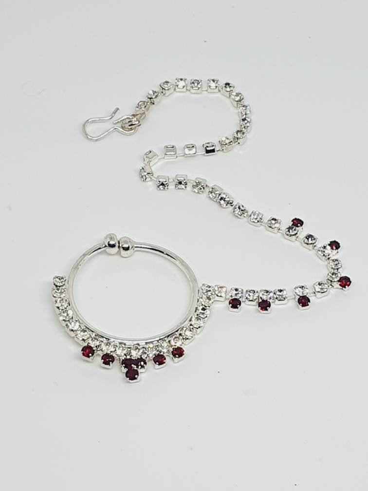 Silver with Red Stone Non Pierced Nose Hoop Bell Nose Ring Indian Bridal Nose Ring