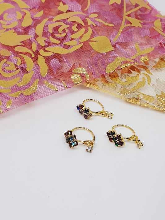 3 Pieces Multi Color Dangle Stone Gold Bollywood Bridal Indian Jewelry Women Pierced Nose Ring