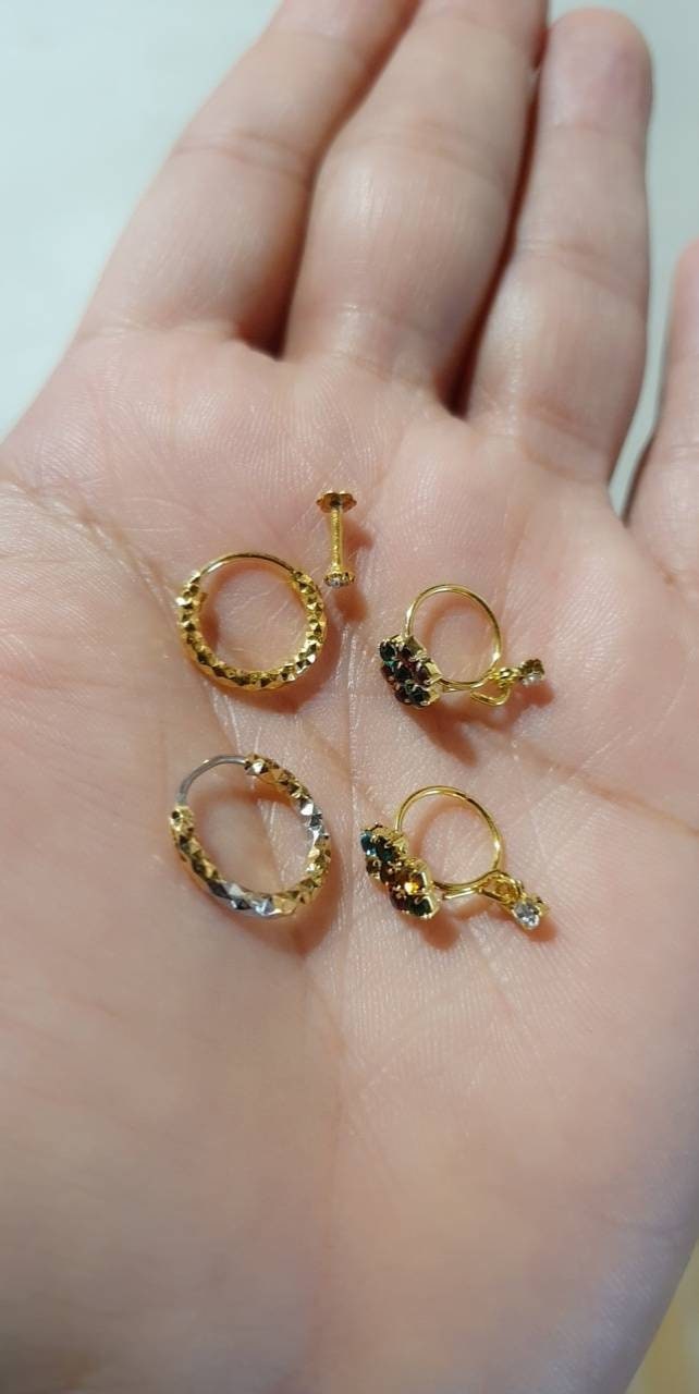 5 Pieces Hoop Dangle Stud Style Stone Gold Bollywood Bridal Indian Jewelry Women Pierced Nose Ring
