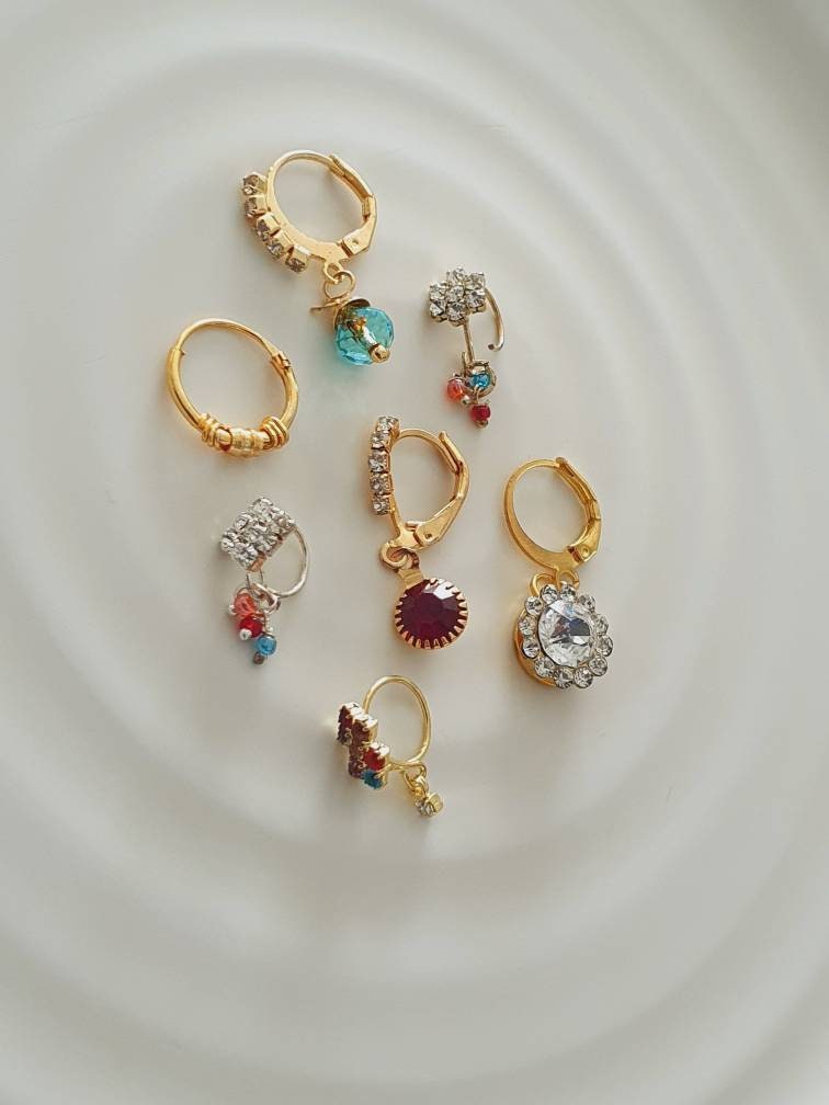 Wedding Favor, 7 Pieces Multi Dangle Nose Ring, Indian Nose Ring, Nose Hoop, Indian Nostril Hoop, Moon Jewelry, Crescent Shaped