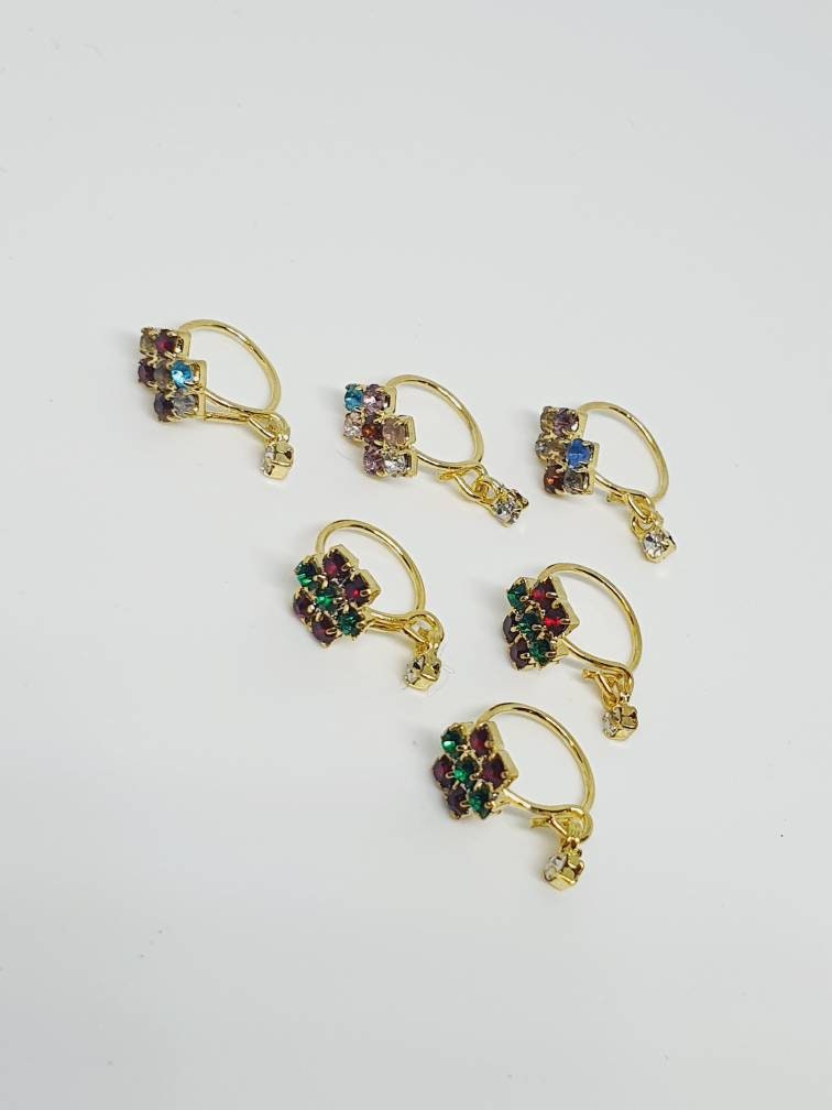 Jewelry gift for her,  6 Indian flower Nose Ring, Nose Hoop, Crystal Dangle Nose Ring, 8mm, Indian Nose Ring, Bridal Jewelry