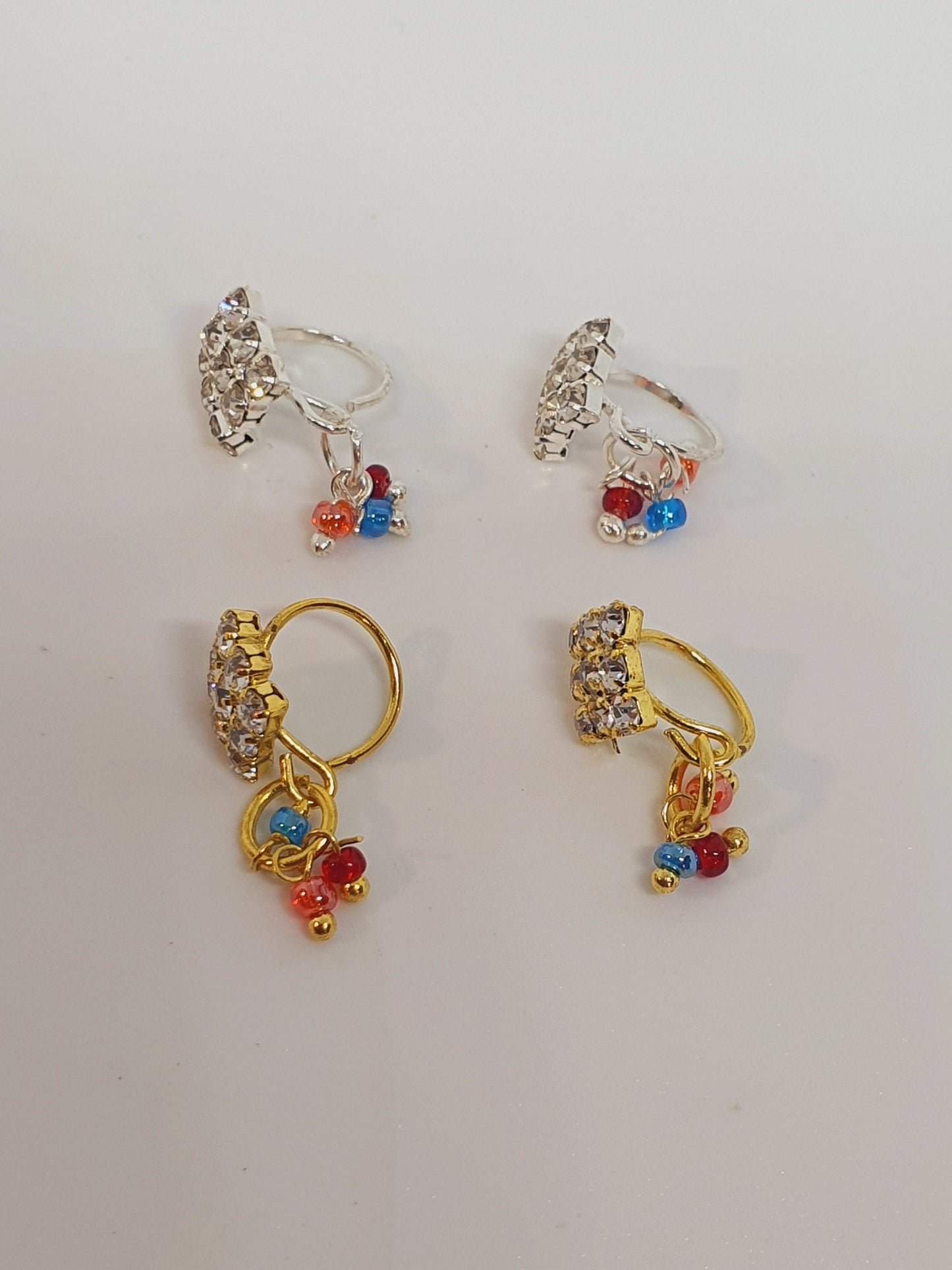 4 Pieces Clear Multi Dangle Stone Nose Ring Gold Silver Bollywood Wedding Indian Jewelry Women Pierced Nose Ring