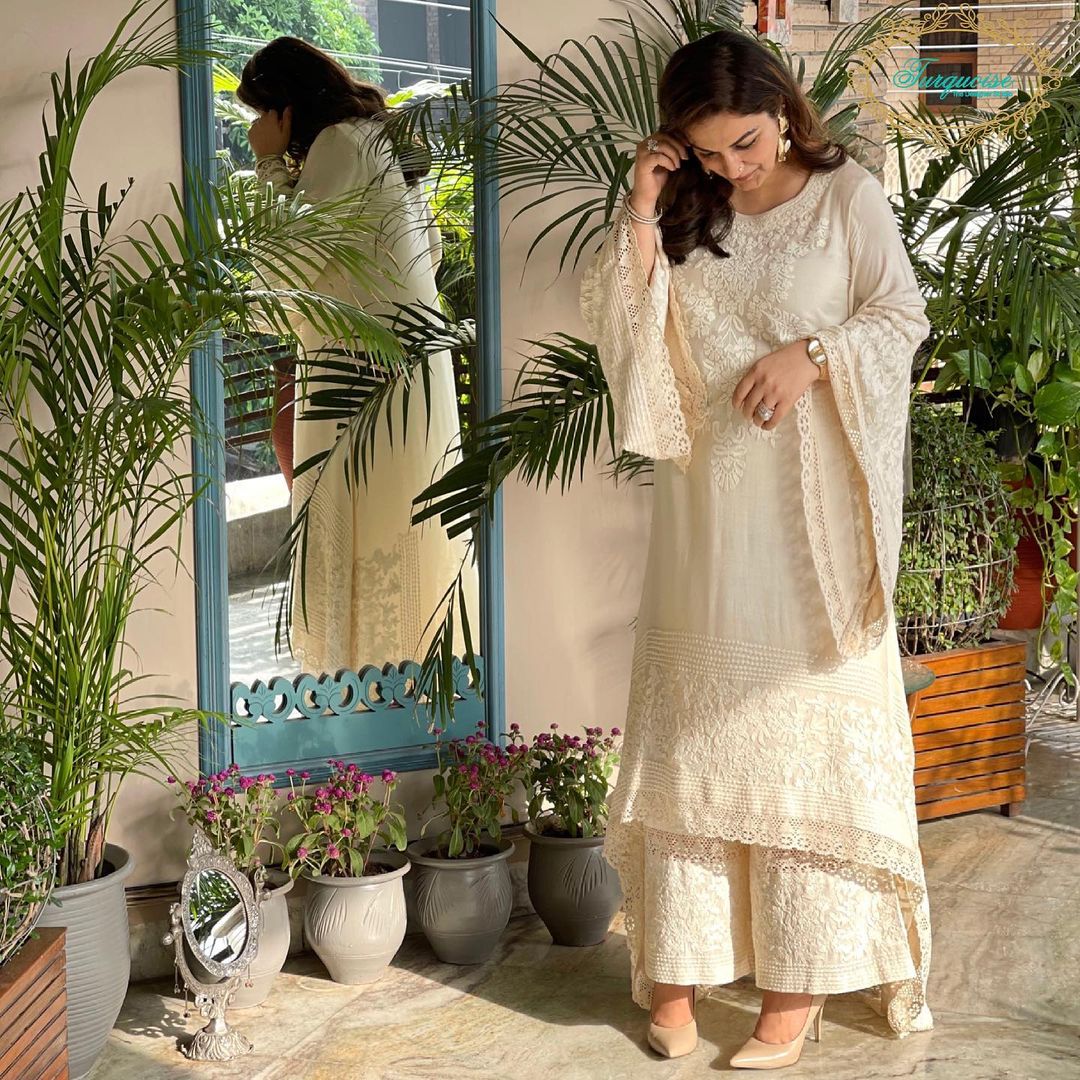 Beige Cotton Net Ari
