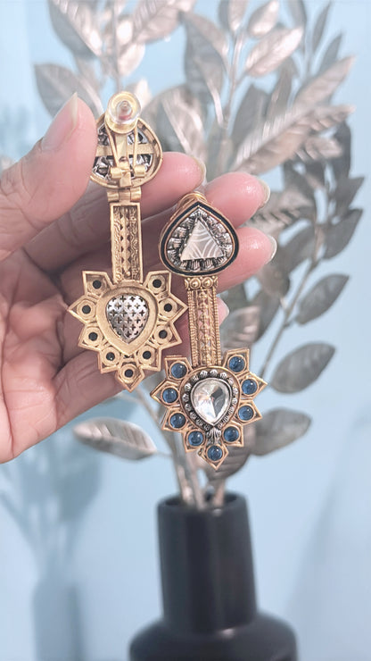 Gold Plated Silver Stone Allured with Silver Craft, and Ink Blue Beaded Earrings