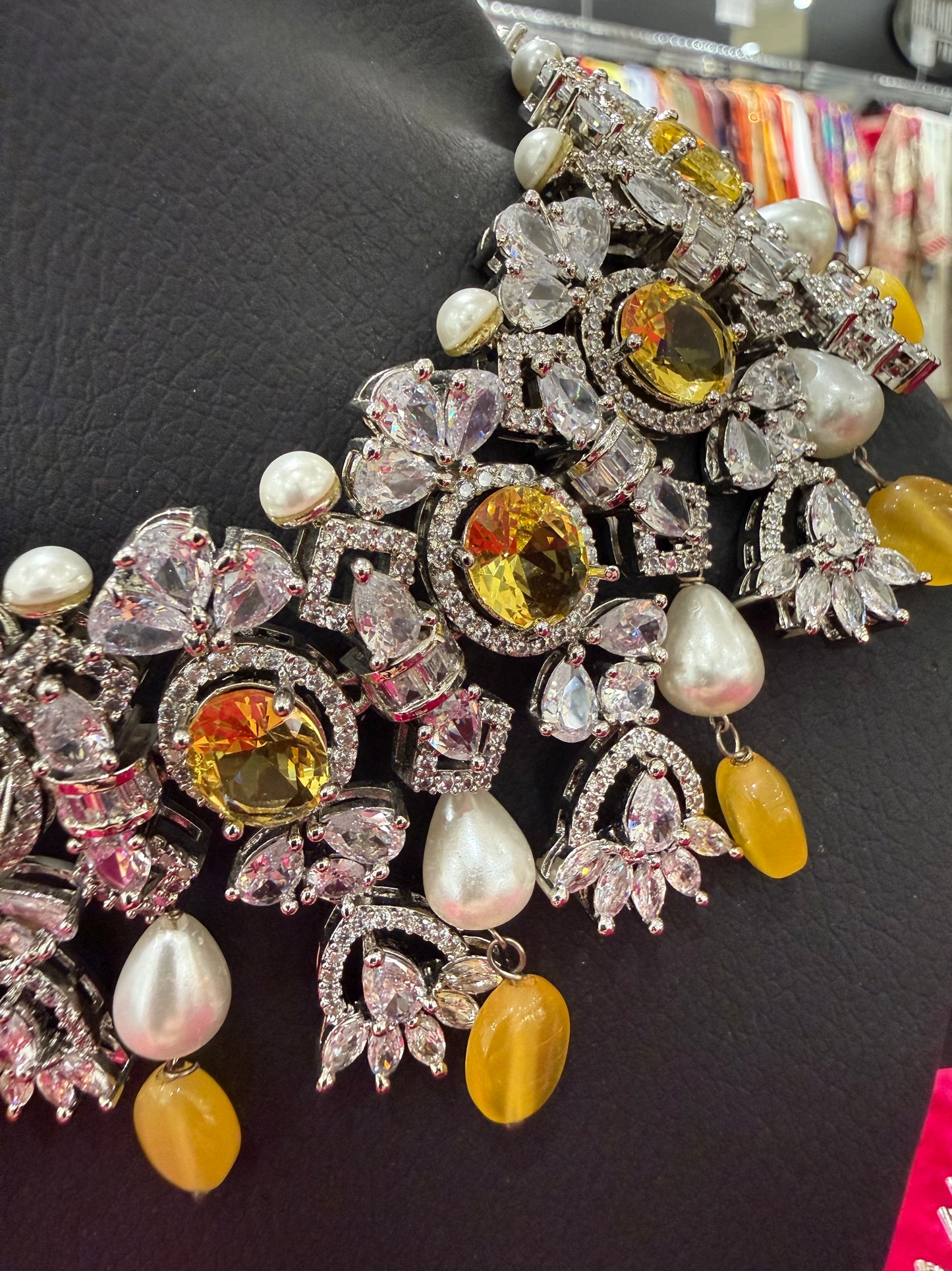 Royal Pearl & Yellow Crystal Statement Necklace Set