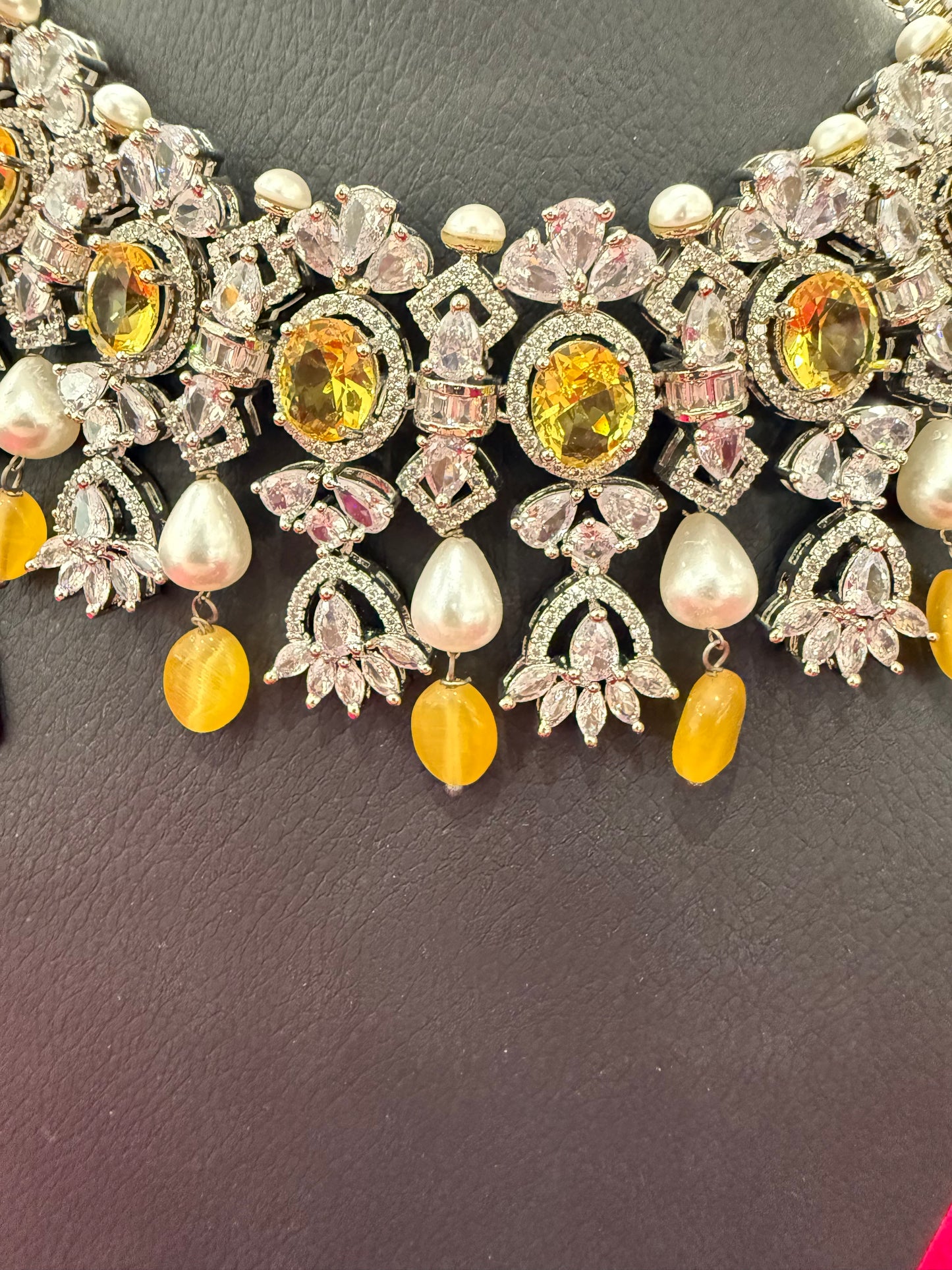 Royal Pearl & Yellow Crystal Statement Necklace Set