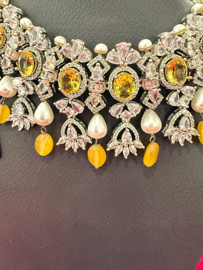 Royal Pearl & Yellow Crystal Statement Necklace Set