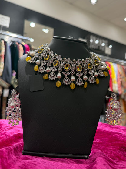 Royal Pearl & Yellow Crystal Statement Necklace Set