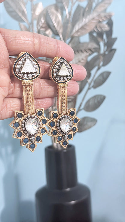 Gold Plated Silver Stone Allured with Silver Craft, and Ink Blue Beaded Earrings