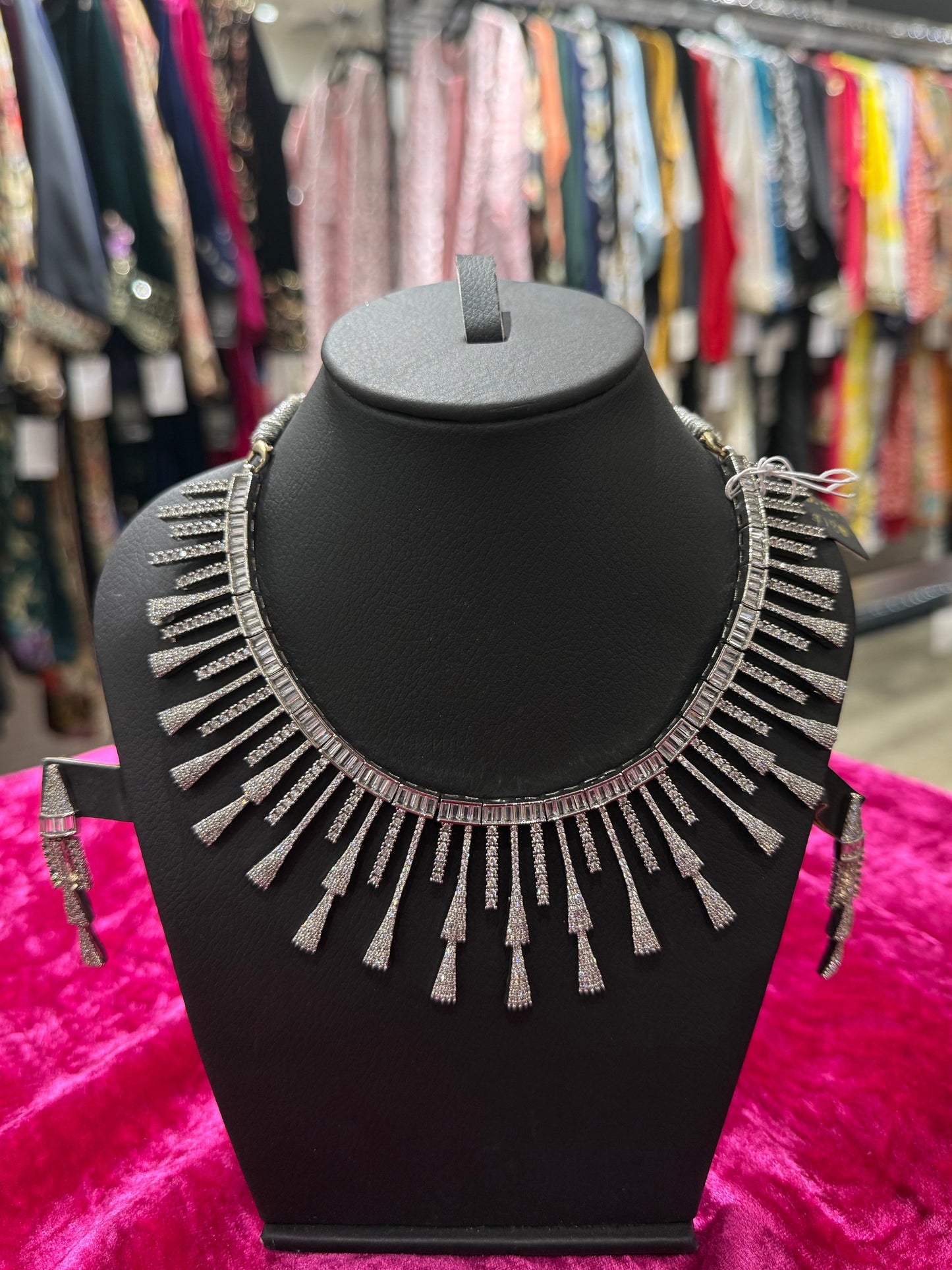 Silver Crystal Fringe Statement Necklace Set