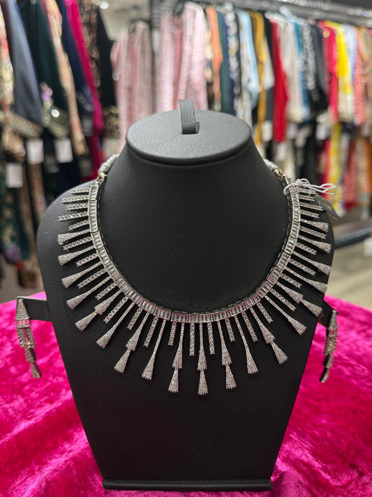 Silver Crystal Fringe Statement Necklace Set