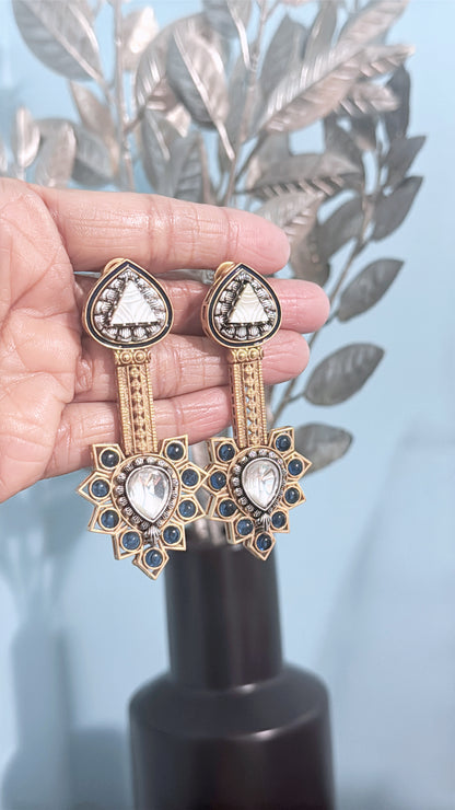 Gold Plated Silver Stone Allured with Silver Craft, and Ink Blue Beaded Earrings