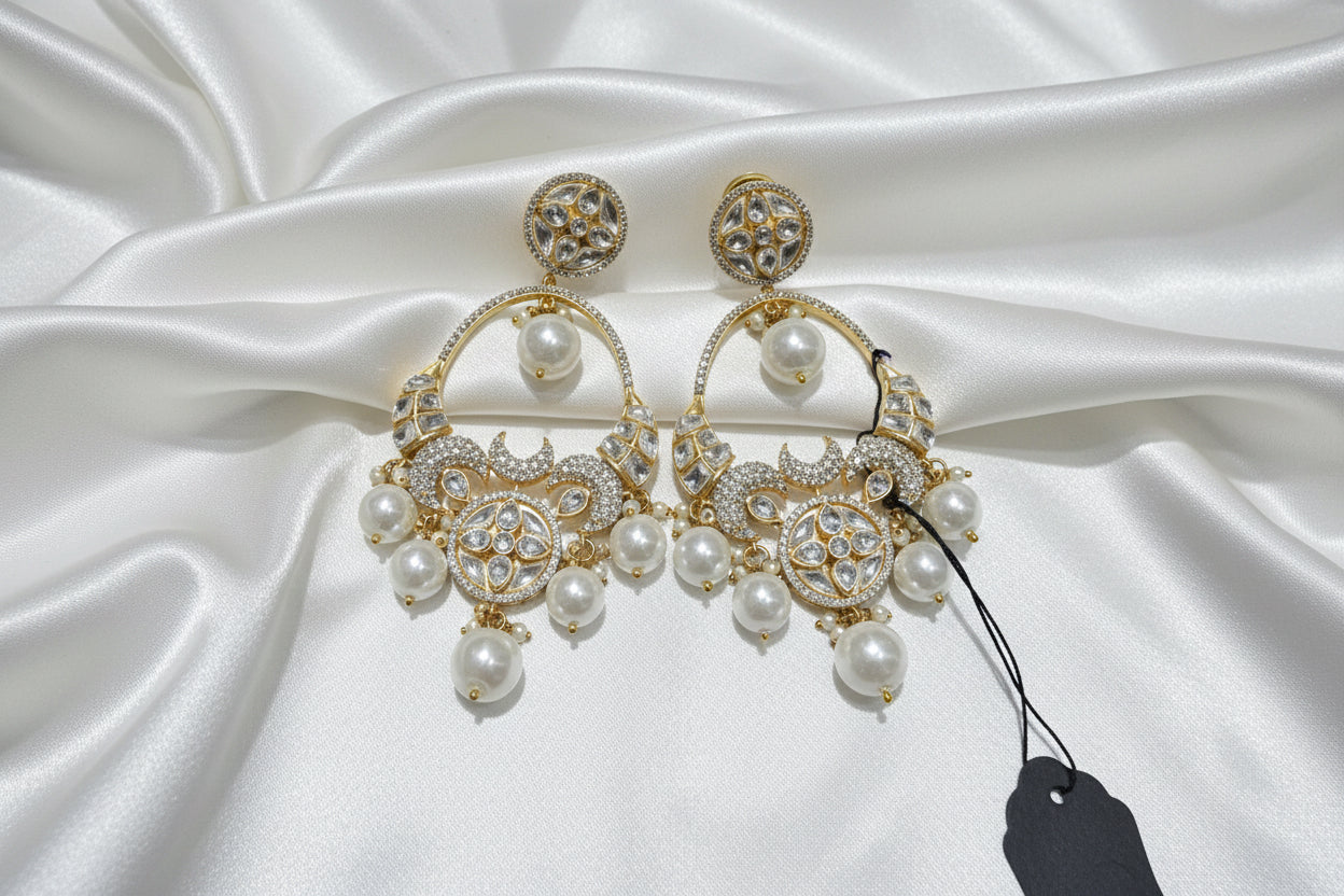 Gold Kundan Pearl Drop Statement Earrings