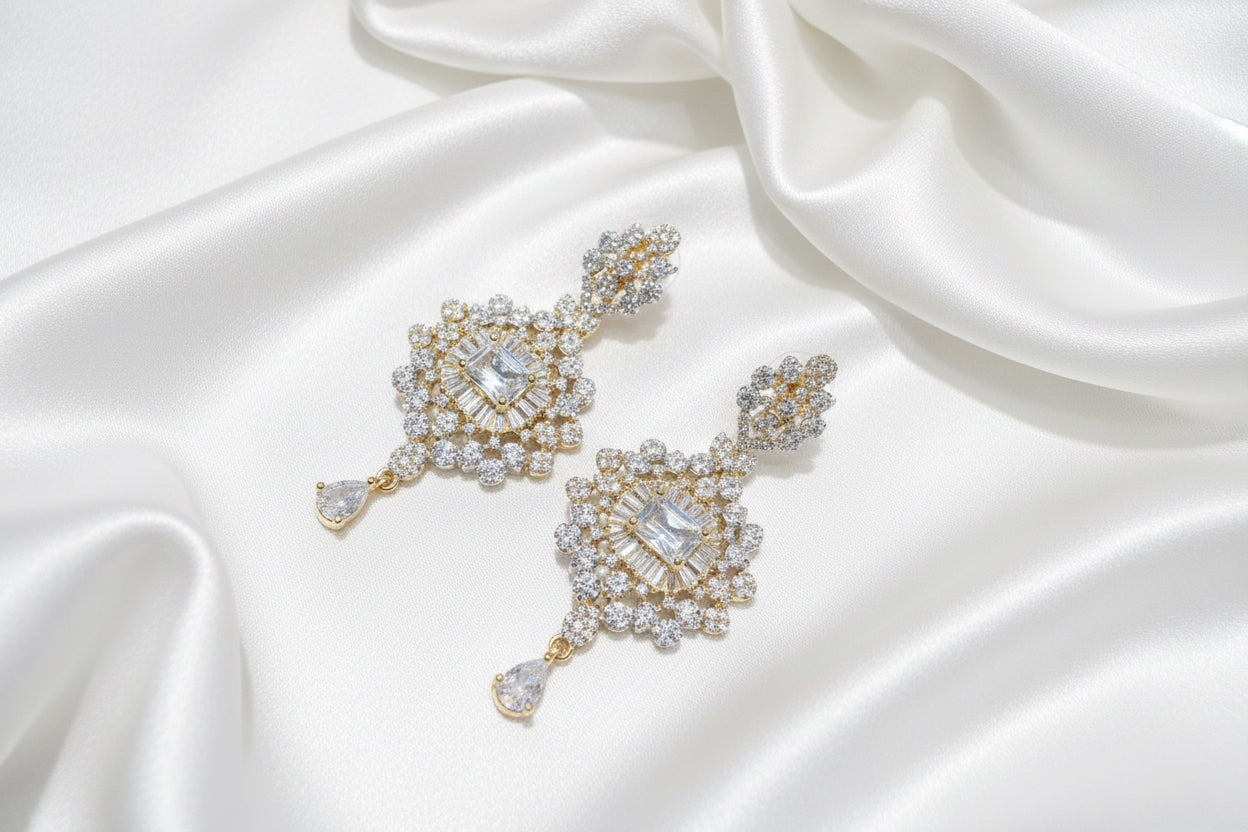 Gold-tone Cubic Zirconia Drop Earrings for Bridal or Party Wear