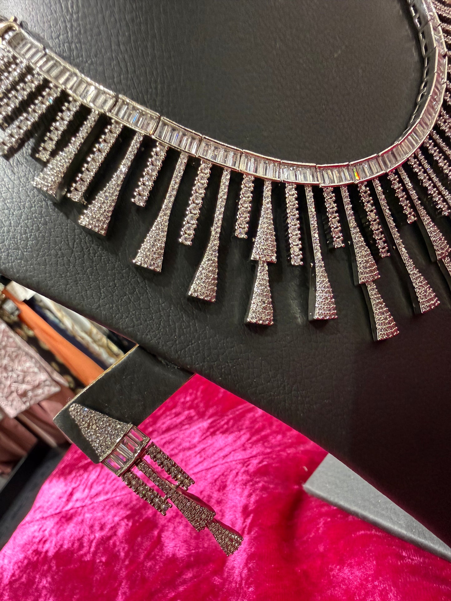 Silver Crystal Fringe Statement Necklace Set