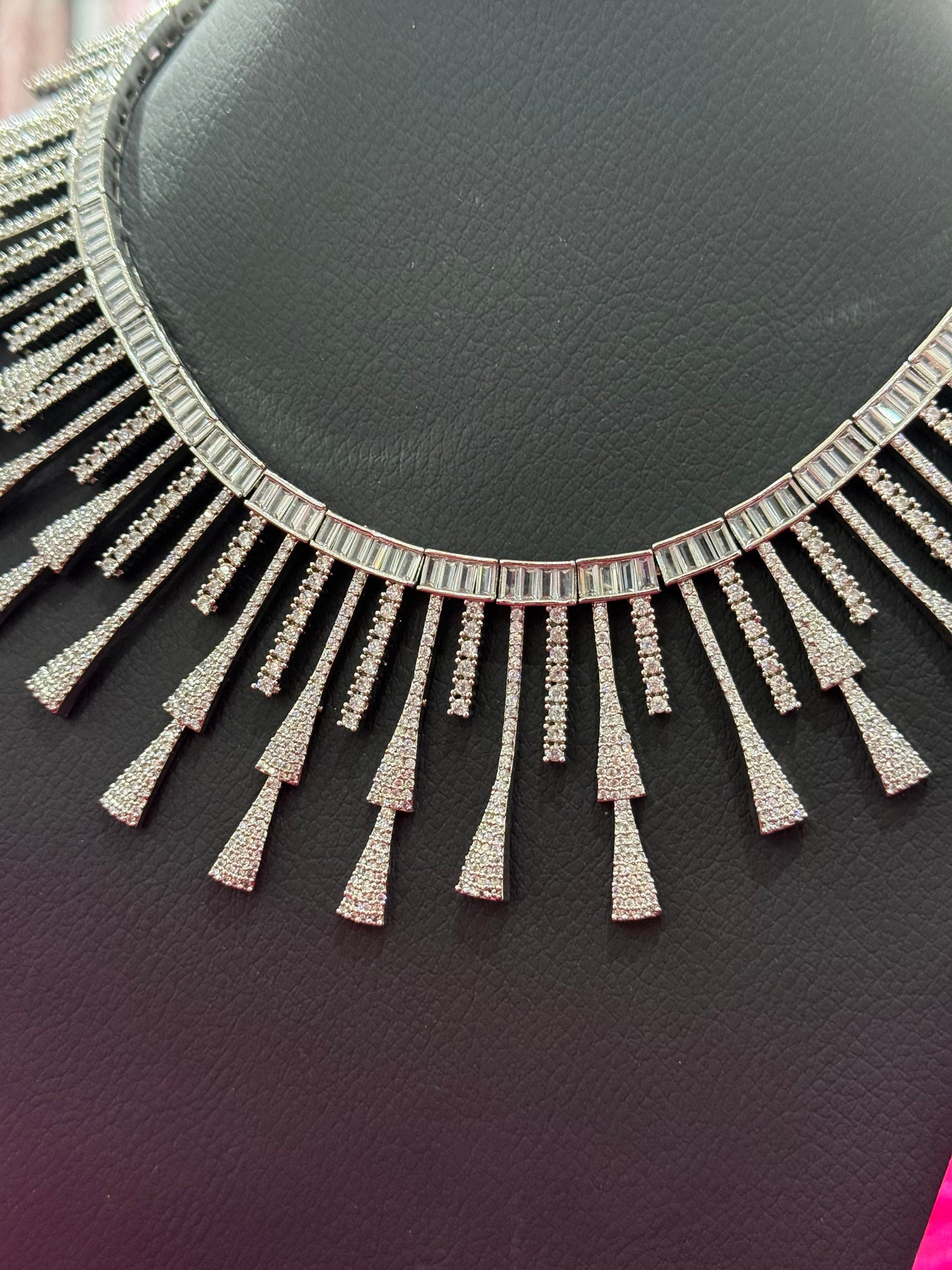 Silver Crystal Fringe Statement Necklace Set