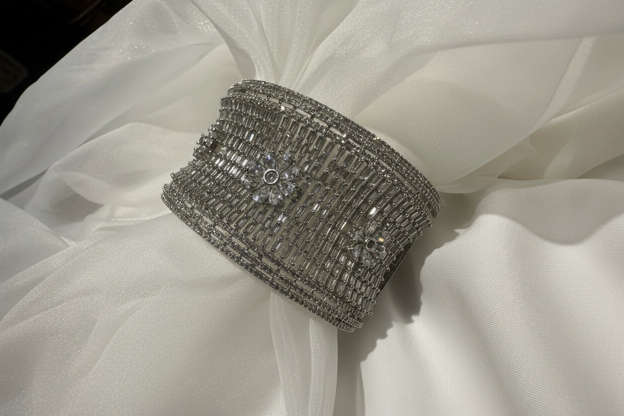 Silver Crystal Floral Baguette Bangle