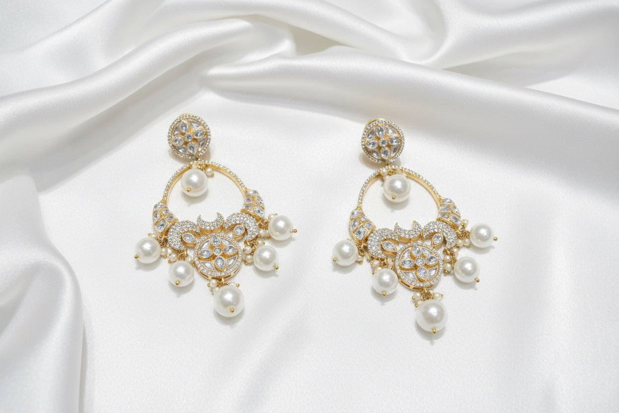 Gold Kundan Pearl Drop Statement Earrings