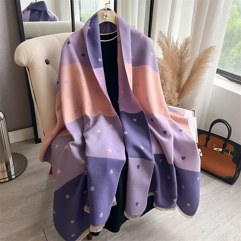 Women's Double-sided Small Love Color Matching Printed Artificial Cashmere Scarf All-matching Warm Bib Shawl