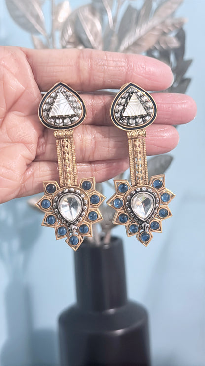 Gold Plated Silver Stone Allured with Silver Craft, and Ink Blue Beaded Earrings