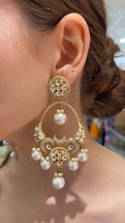 Gold Kundan Pearl Drop Statement Earrings