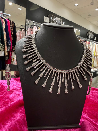 Silver Crystal Fringe Statement Necklace Set