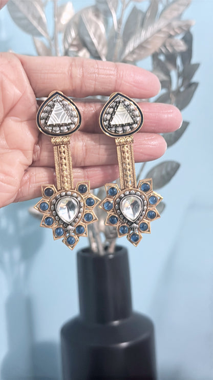 Gold Plated Silver Stone Allured with Silver Craft, and Ink Blue Beaded Earrings