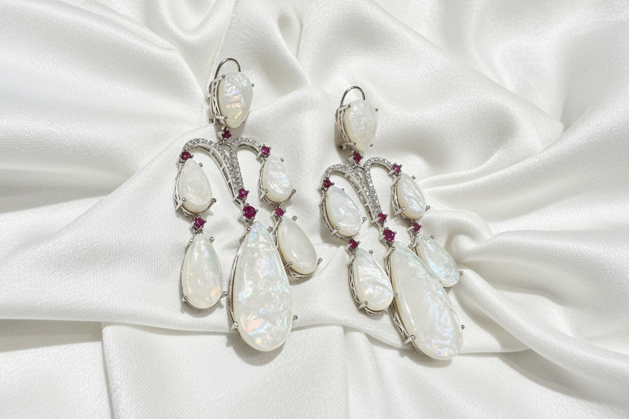 Moonstone Drop Earrings with Pink Accents