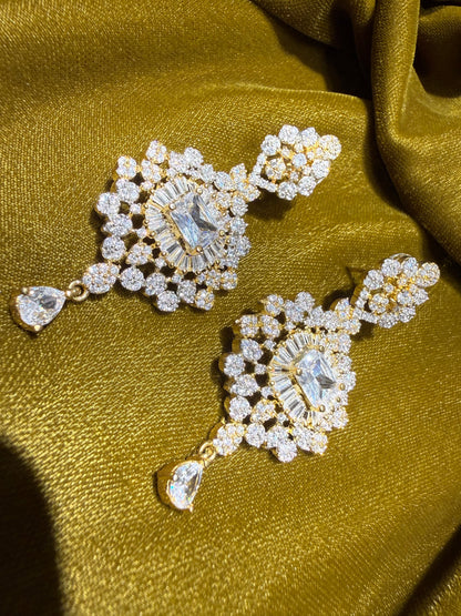 Gold-tone Cubic Zirconia Drop Earrings for Bridal or Party Wear