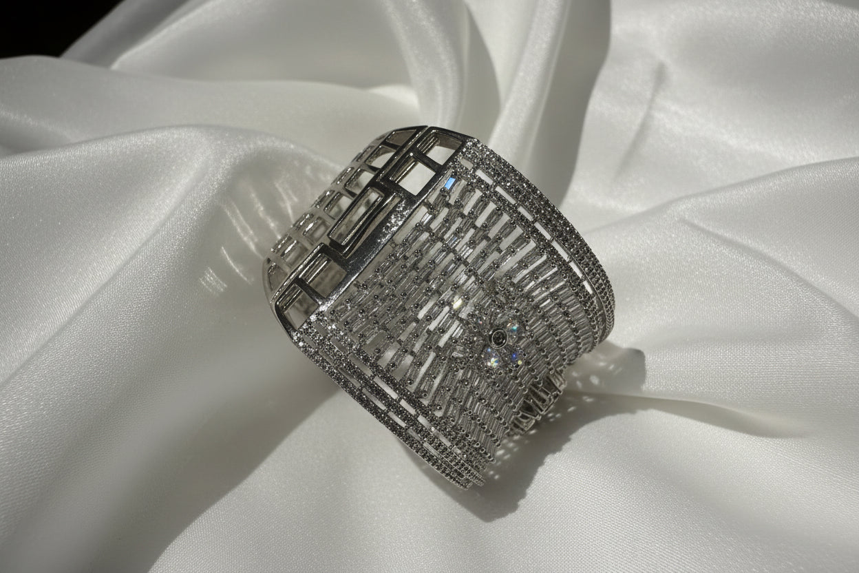 Silver Crystal Floral Baguette Bangle