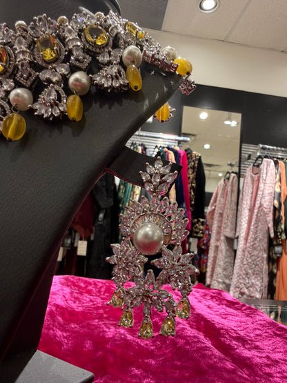 Royal Pearl & Yellow Crystal Statement Necklace Set