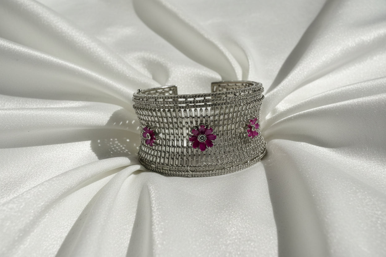 Silver Crystal Floral Cuff Bracelet