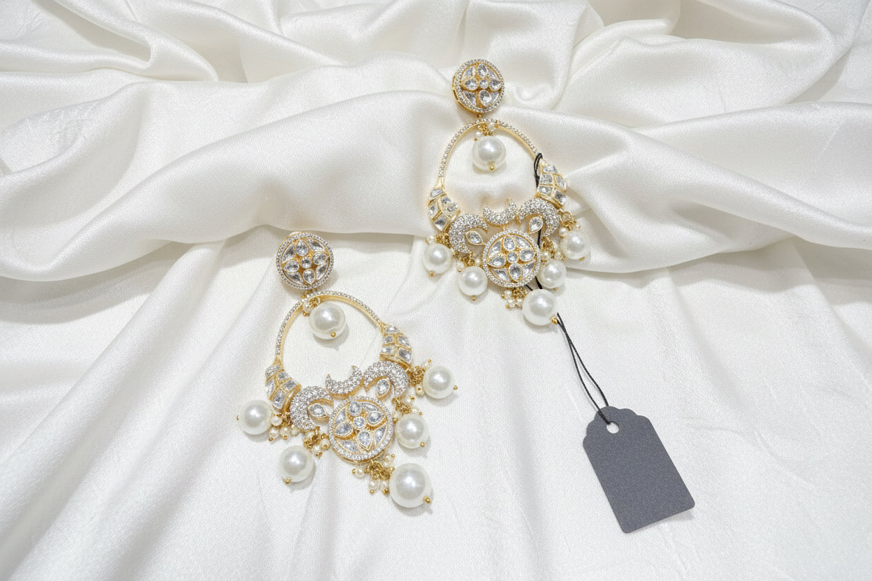 Gold Kundan Pearl Drop Statement Earrings