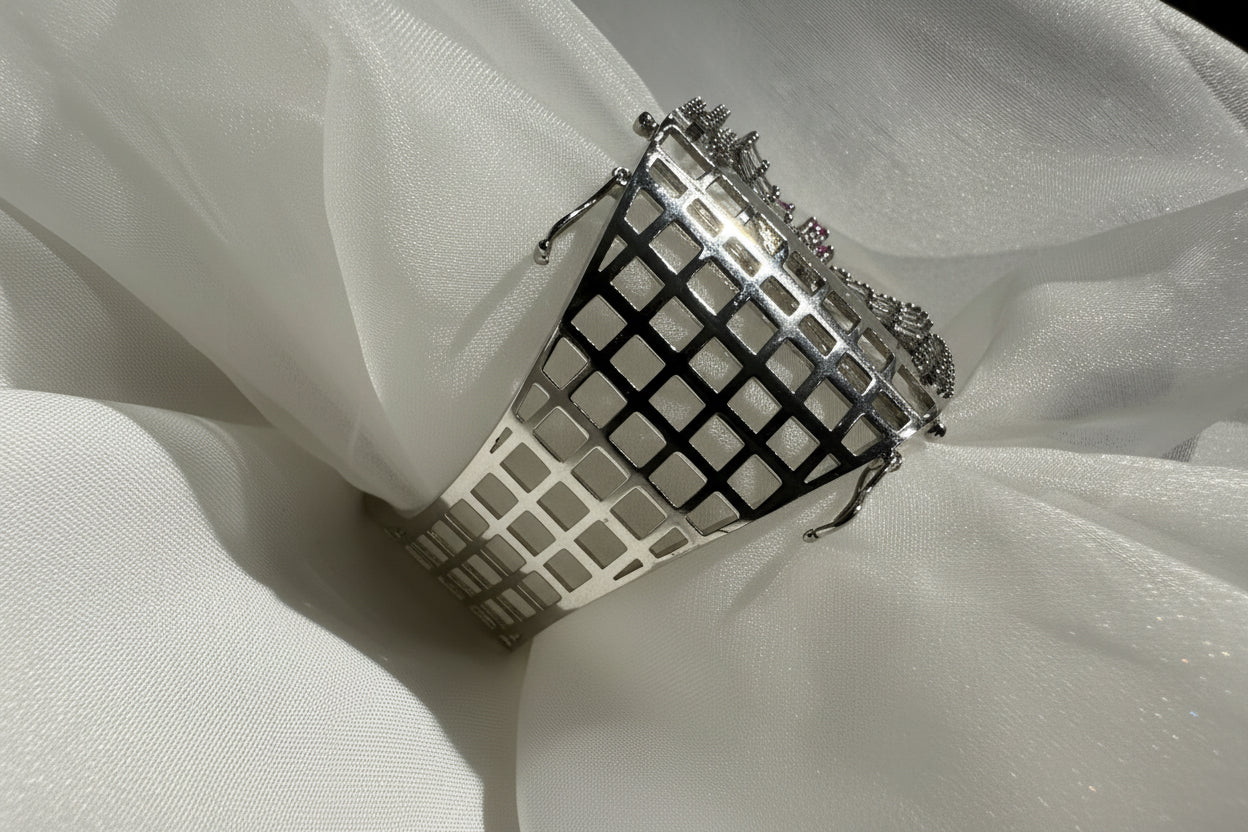 Silver Crystal Floral Cuff Bracelet