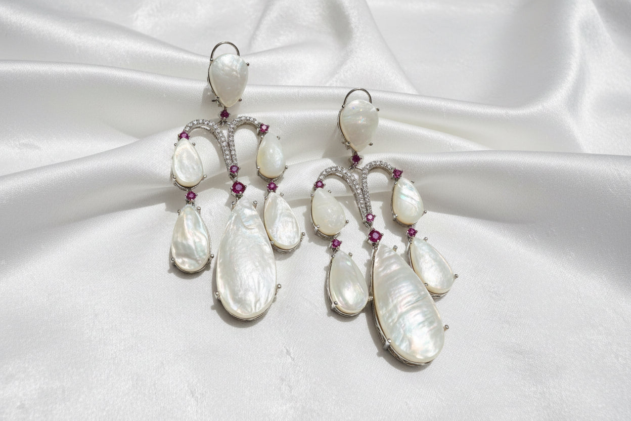 Moonstone Drop Earrings with Pink Accents
