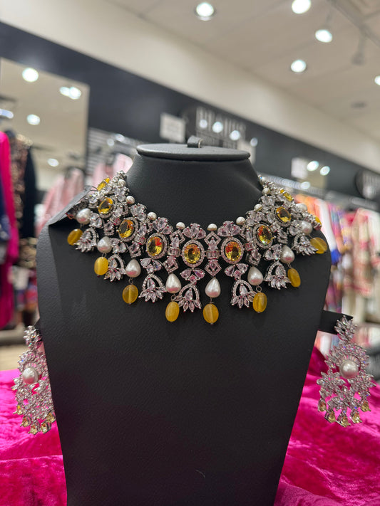 Royal Pearl & Yellow Crystal Statement Necklace Set