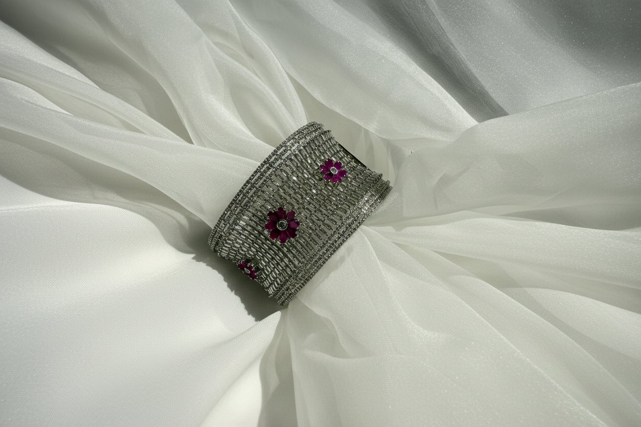 Silver Crystal Floral Cuff Bracelet